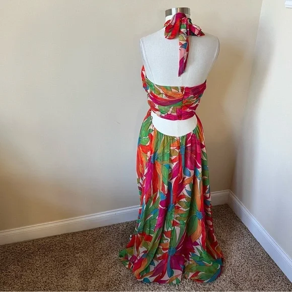 Ronny Kobo Floral Patterned Halter maxi Dress gown Pink Green 26129